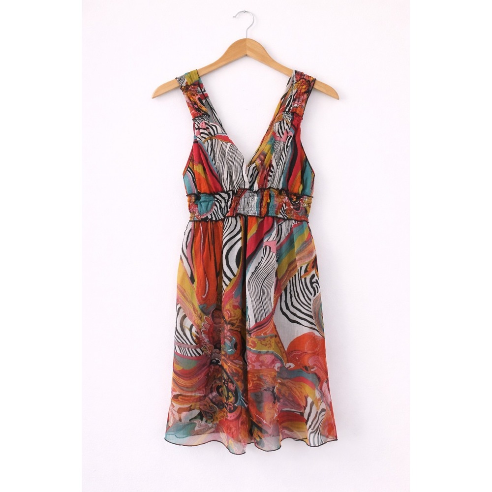 Vintage Y2K Women's Large Fire Los Angeles Dress Boho Deep V Sheer Festival